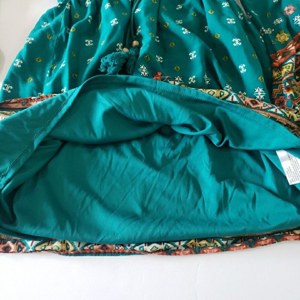 Boho Teal Green V-Neck Mini Dress Tie Waist Peasant Bell Sleeve Country Size M - Picture 7 of 11
